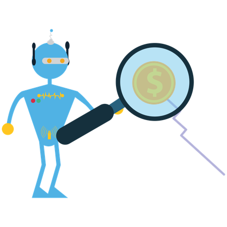 Robot doing financial research using magnifying glass  Illustration