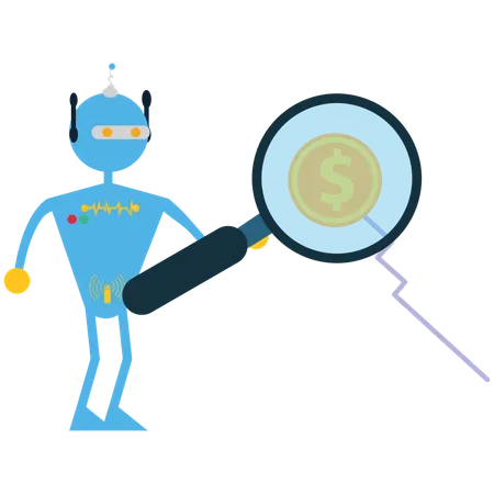 Robot doing financial research using magnifying glass  Illustration