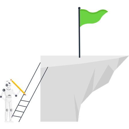 Robot drawing a ladder to climb a cliff artificial intelligence creating a path to success and achieving goals business strategy  Illustration