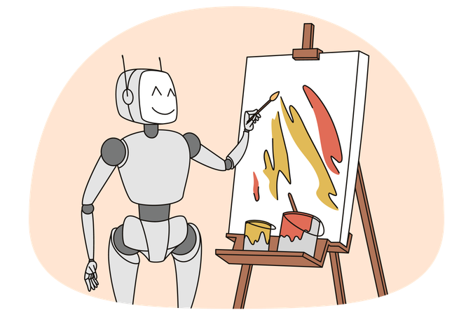 Robot drawing on flipchart  Illustration