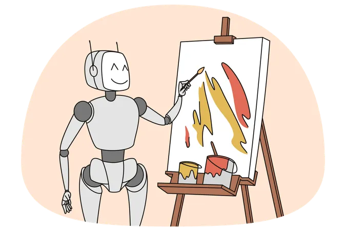 Robot drawing on flipchart  Illustration