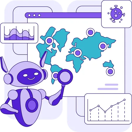 Robot effectuant une analyse mondiale du corona  Illustration