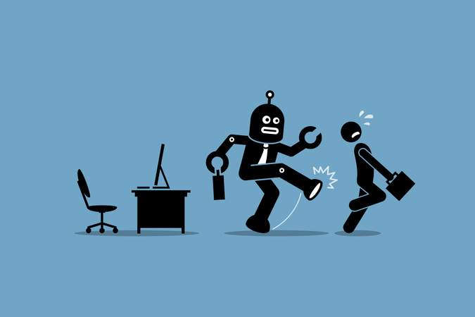 Robot employee kicks away a human worker from doing his computer job at office  Illustration