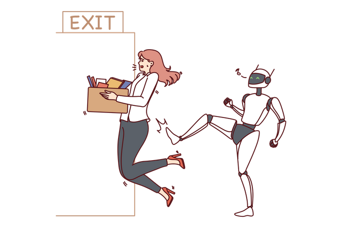 Robot employee kicks away female worker from job at office  Illustration