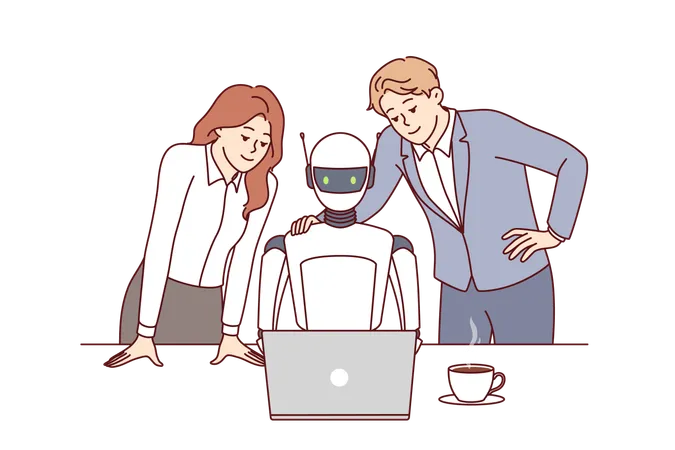 Robot Employee Of Company And Two Human Colleagues Work Together To Complete Tasks Using Laptop With Innovative Software Robot With Artificial Intelligence Sits At Desk Helping Office Clerks 일러스트레이션