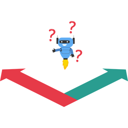 Robot en una encrucijada eligiendo su futura dirección hacia el éxito o la estrategia empresarial  Ilustración