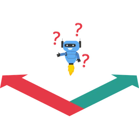 Robot en una encrucijada eligiendo su futura dirección hacia el éxito o la estrategia empresarial  Ilustración