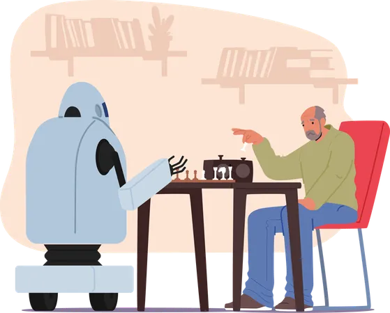 Wise Robot Engages In A Strategic Chess Match With Senior Character Their Metallic Fingers Delicately Moving The Pieces On A Checkered Board In A Captivating Game Cartoon People Vector Illustration Illustration