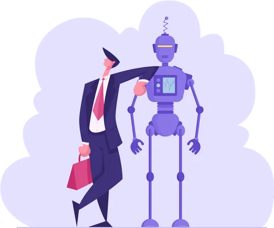 Artificial Intelligence And Human Communication Concept Businessman Character Lean On Robot Human And Cyborg Working In Office Futuristic Technologies Smart Device Cartoon Flat Vector Illustration Illustration