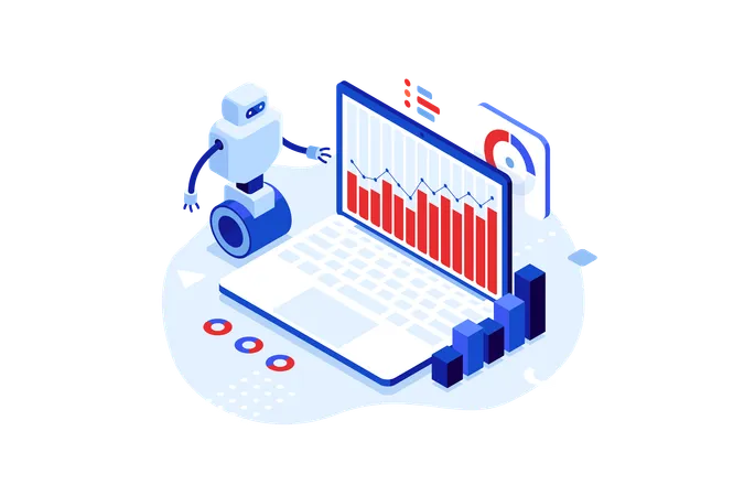 El robot está analizando datos comerciales.  Ilustración