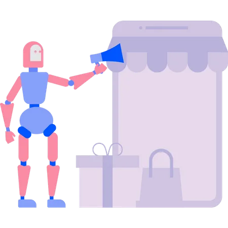 Robot está haciendo marketing de compras a través de megáfono.  Ilustración