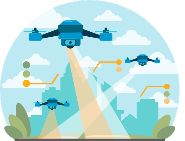 El robot está haciendo entregas con drones.  Ilustración