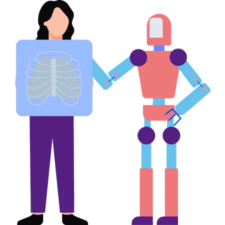 Un robot está tomando una radiografía de las costillas de una niña  Ilustración