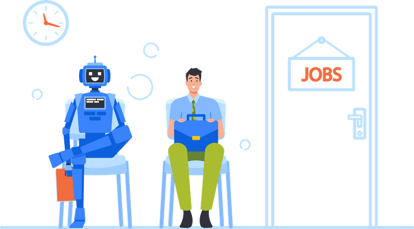 Robot et homme d'affaires en attente d'un entretien d'embauche  Illustration