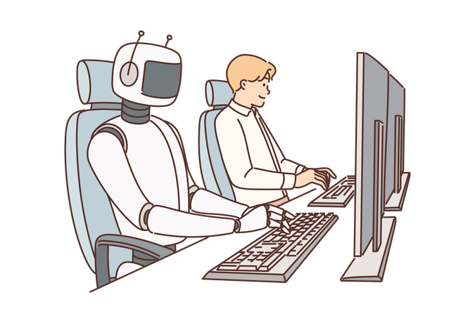 Robot et homme travaillant ensemble au bureau  Illustration