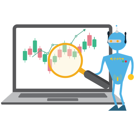 Robot Examining financial chart with magnifying glass  Illustration