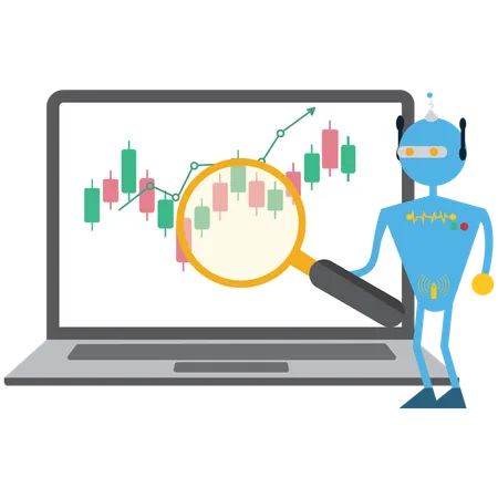 Robot Examining financial chart with magnifying glass  Illustration