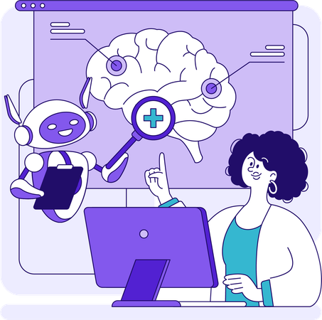 Robot explaining brain report to doctor  Illustration