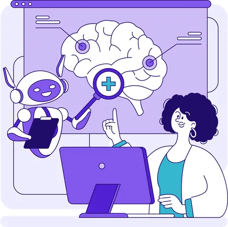 Robot explaining brain report to doctor  Illustration