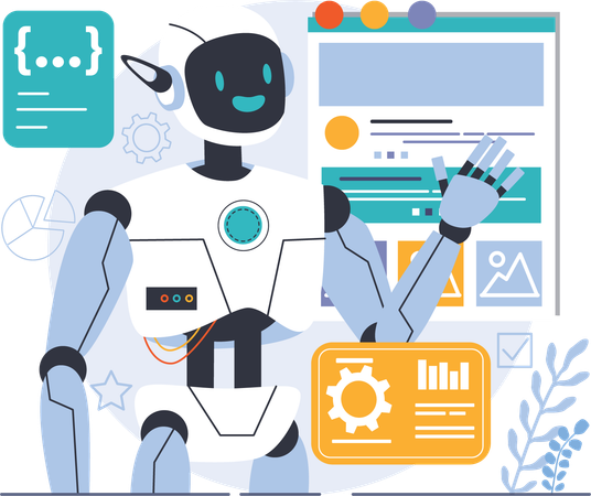 Robot explaining website analysis and web article  Illustration