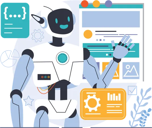 Robot explaining website analysis and web article  Illustration