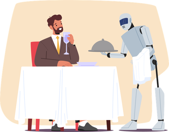 Robot futurista atiende eficientemente al cliente en un restaurante  Ilustración