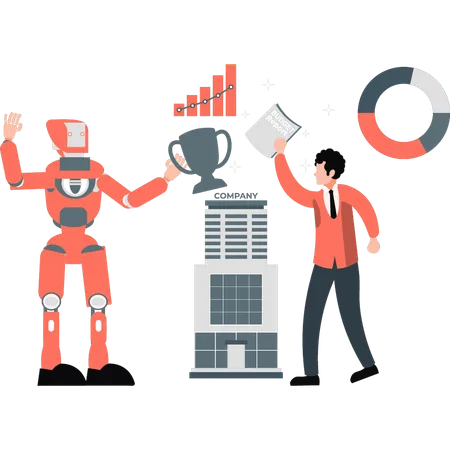 Robot ganando copa de trofeo  Ilustración