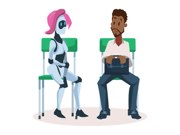 Robot Girl on Chair Talking to Man Employee  Illustration