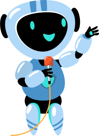 Robot hablando con micrófono y presentando.  Ilustración