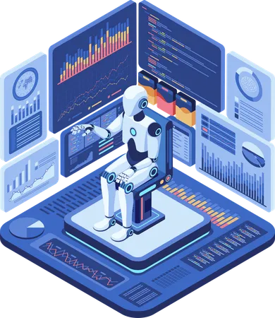 Robot Ai Isometrico Plano 3 D Que Analiza Datos Financieros Complejos Concepto De Inteligencia Artificial Y Aprendizaje Automatico Ilustración