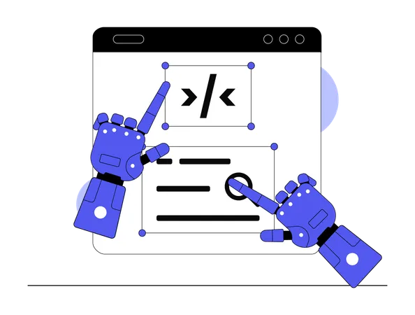 Robot realizando codificación de aplicaciones web  Ilustración