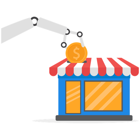 Robot hand insert coin into small business store  Illustration