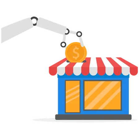 Robot hand insert coin into small business store  Illustration