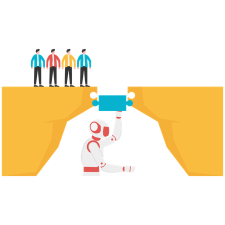 Robot help business people cross problem gap  Illustration