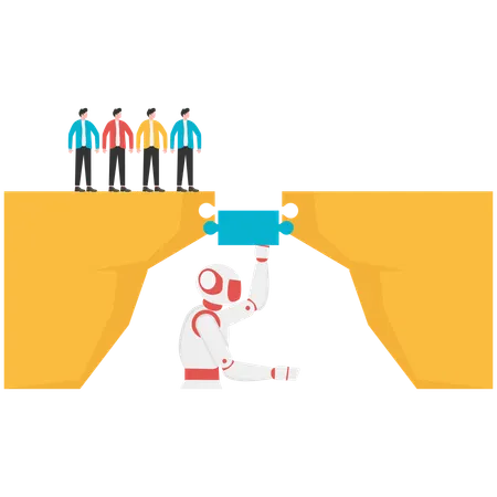 Robot help business people cross problem gap  Illustration