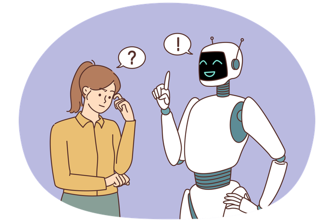 Robot help with solution to confused woman wondering about problem solving  Illustration