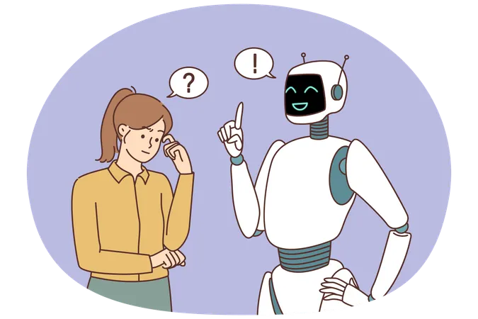 Robot help with solution to confused woman wondering about problem solving  Illustration