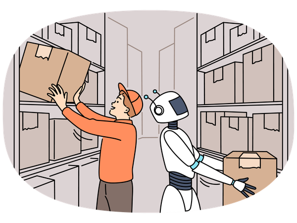 Robot helping male worker in warehouse  Illustration