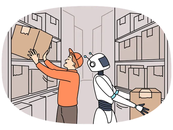 Robot helping male worker in warehouse  Illustration