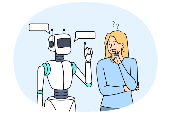 Robot helping woman and thinking about solving complex issue and turned to AI for help  Illustration