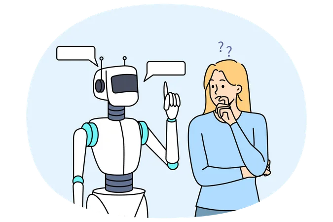 Robot helping woman and thinking about solving complex issue and turned to AI for help  Illustration