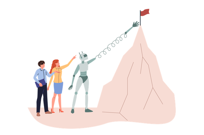 Robot helps business people achieve success and fulfil goals and pulls out flag from high mountain  Illustration