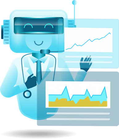 Robot helps doctors analyze patient data on monitor Illustration