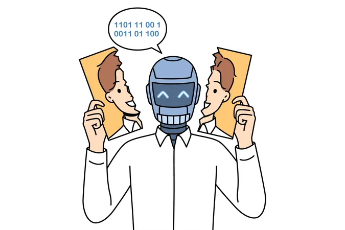 Robot hiding its face behind human photograph for dystopia about replacing people with cyborgs  Illustration