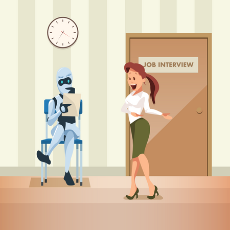 Robot sosteniendo currículum para entrevista de trabajo  Ilustración