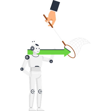 Robot holding green arrow with businessman hand trying to capture it with a net a  for AI regulation and data capture  Illustration