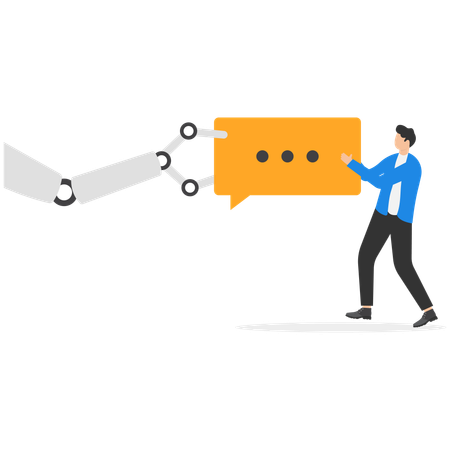Robot holding speech bubble with man  Illustration