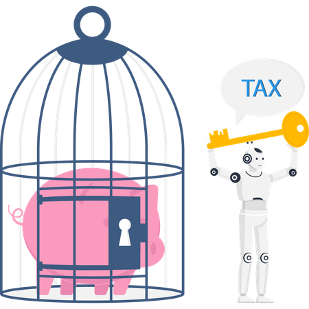 Robot holding tax key with piggy bank in cage for AI financial technology and automated savings  Illustration