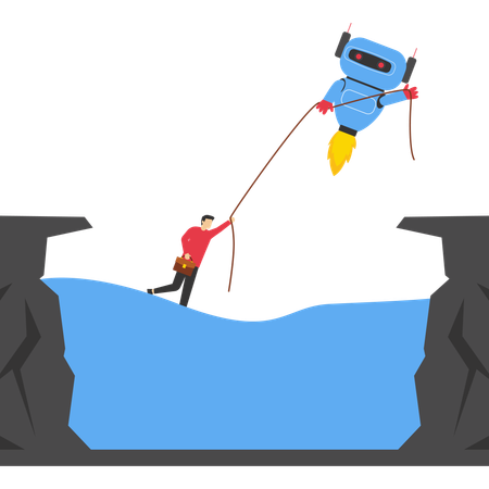 Robot humanoid give hand to drowning businessman Illustration