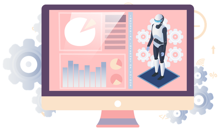 Robot humanoid works with digital interface using computer  Illustration